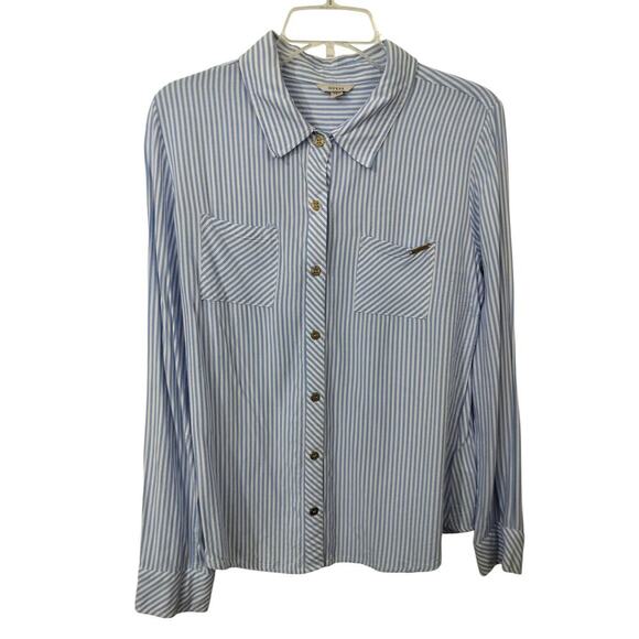 3231) Guess Blue White Stripe long Sleeve Button Down Gold Button Rayon Shirt L - Picture 1 of 8